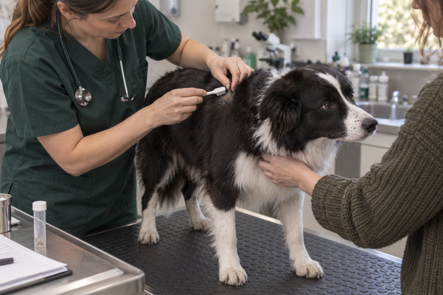 Veterinárka odoberá chlpy a šupiny z kožného ložiska psa